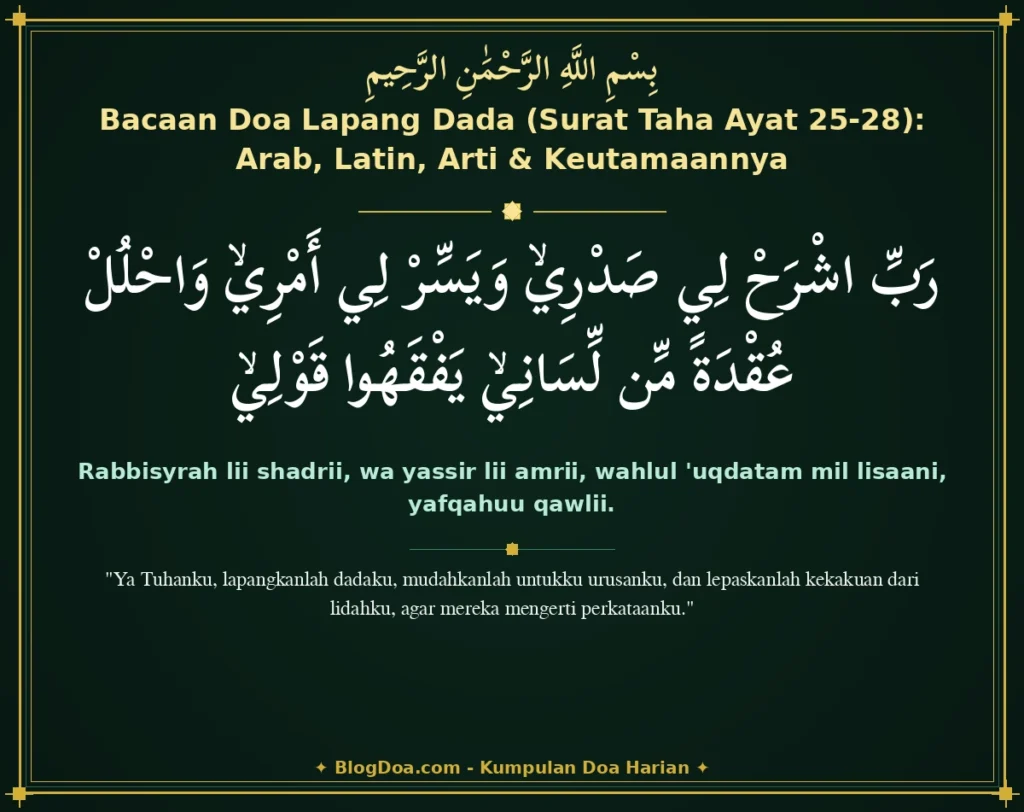 Bacaan Doa Lapang Dada (Surat Taha Ayat 25-28): Arab, Latin, Arti & Keutamaannya