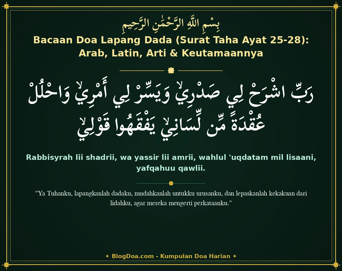 Bacaan Doa Lapang Dada (Surat Taha Ayat 25-28): Arab, Latin, Arti & Keutamaannya