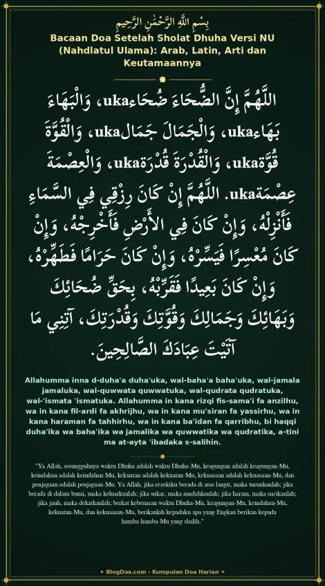 Bacaan Doa Setelah Sholat Dhuha Versi NU (Nahdlatul Ulama): Arab, Latin, Arti dan Keutamaannya